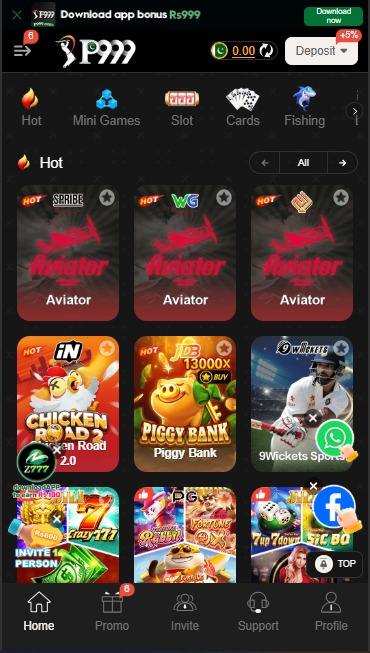 P999 Hot games grid with three Aviator variants, Chicken Road, Piggy Bank and 9Wickets cricket