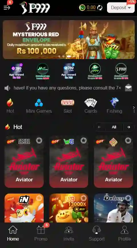 P999 app lobby with the Mysterious Red Envelope banner, category row and Hot games grid