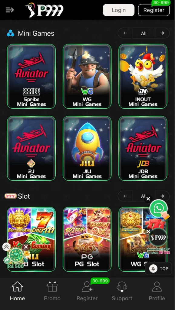 P999 Mini Games and Slot sections showing Aviator builds from Spribe, WG, INOUT, JILI and JDB