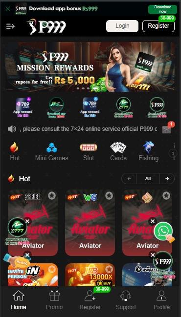 P999 home screen showing the Mission Rewards banner offering Rs 5,000 and the 24/7 service notice