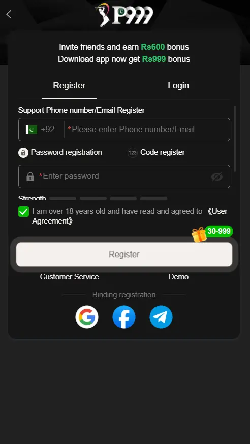 P999 registration screen with phone number field, password entry and the 18+ agreement checkbox